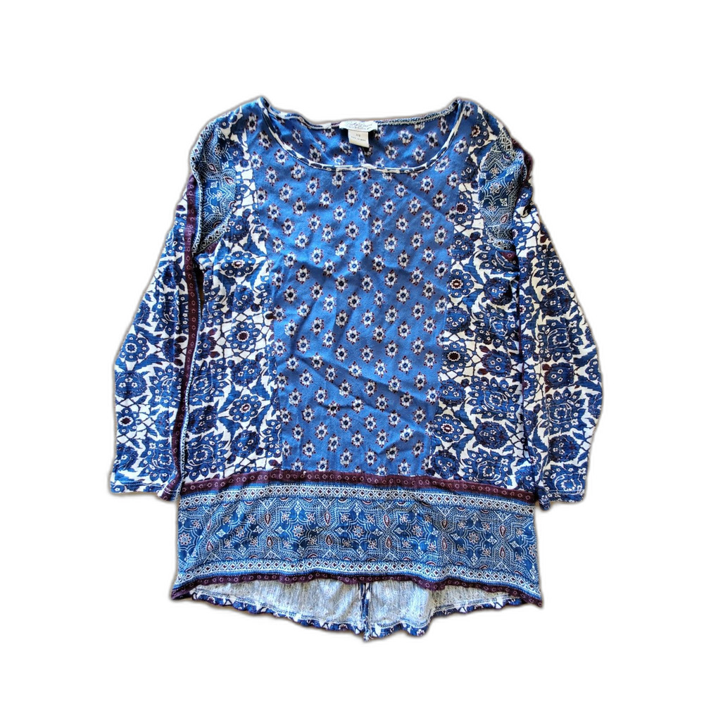 Lucky Brand Live in Love Boho Blue Floral 3/4 Sleeve Top/Tunic XS VGUC